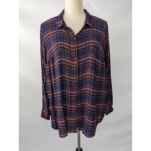 Lucky Brand Plaid Button Down Navy Blue Orange Gold Black Plus Size 1X Flannel